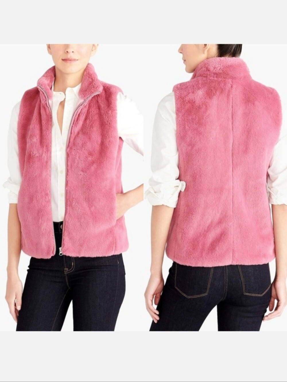 J Crew Faux Fur Furry Vest Vegan L Full Zip Women’s Rose Plush Pink.
